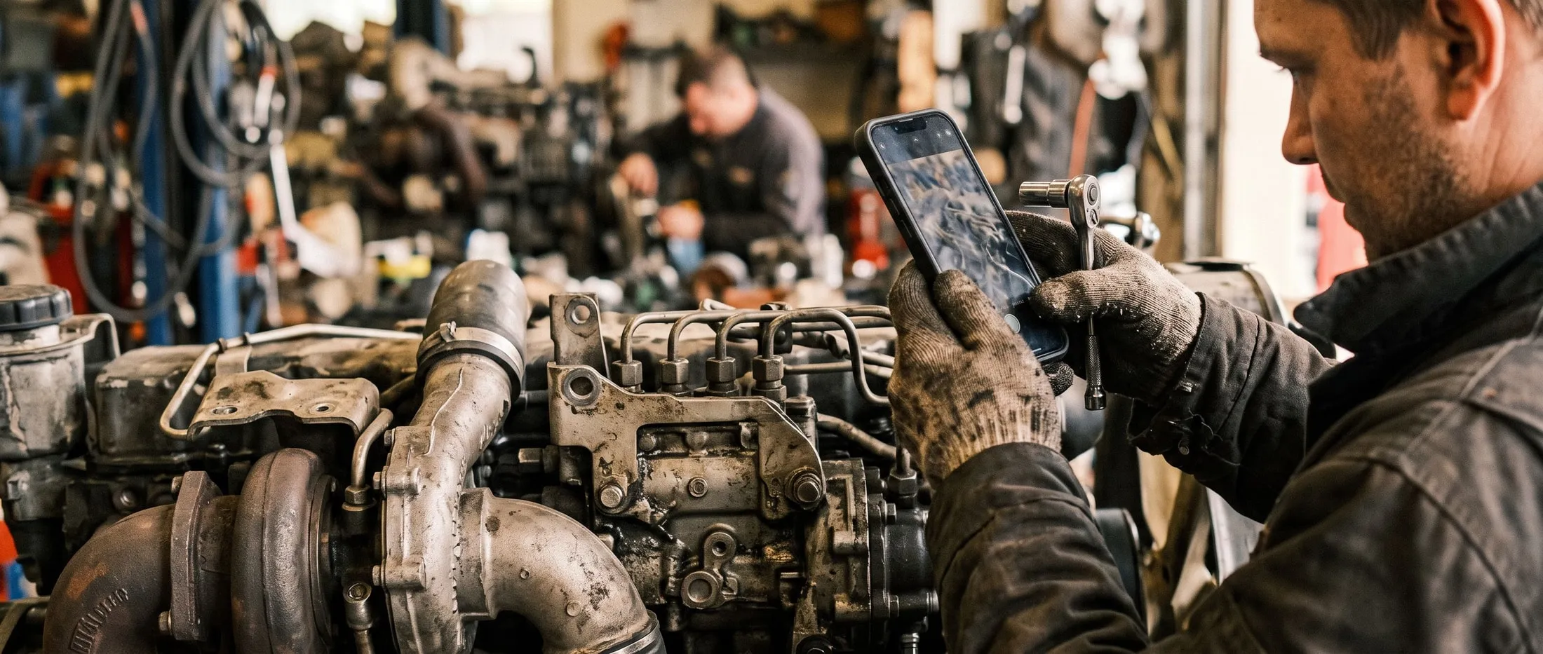 A technician photographing an engine component during an inspection