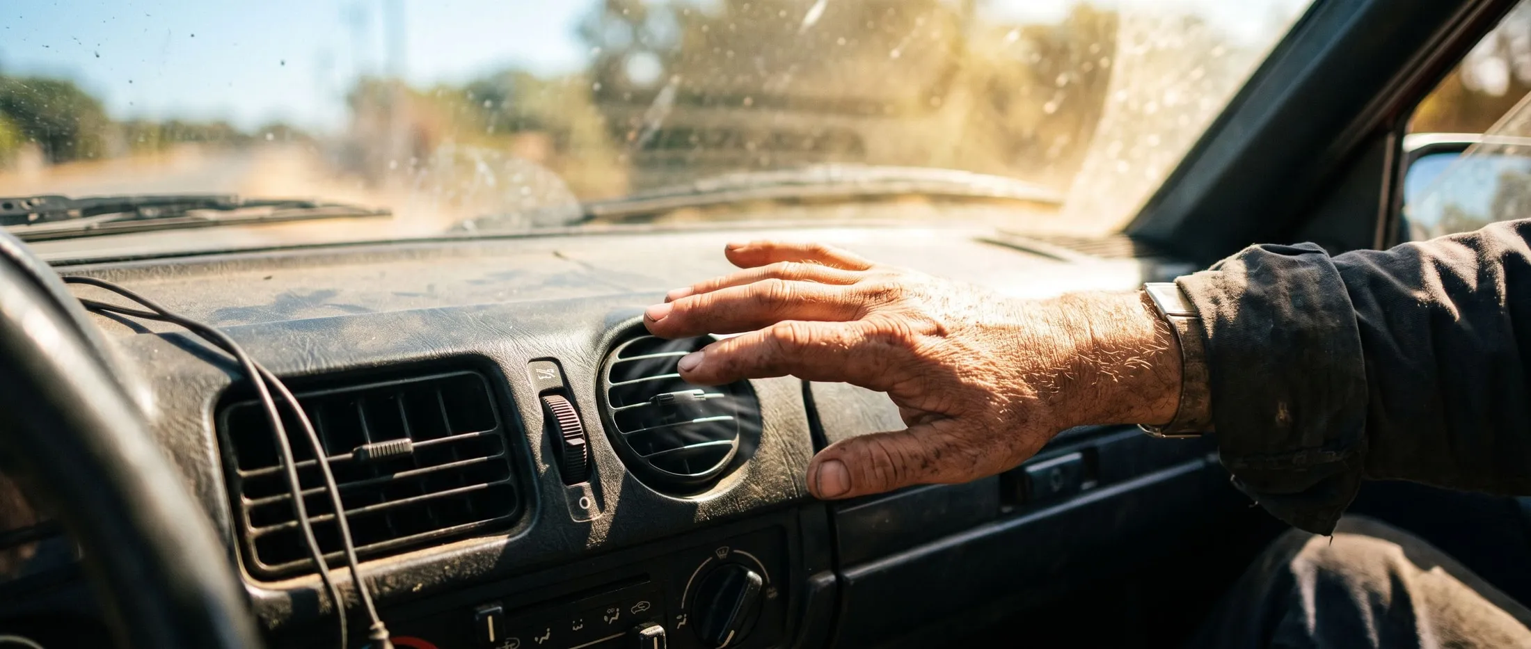 A hand held to a car dashboard vent testing the air conditioning airflow