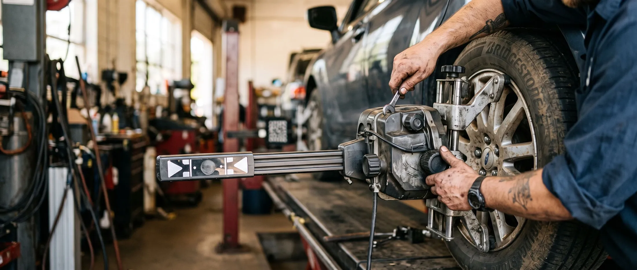 An alignment sensor head clamped to a front wheel on the alignment rack
