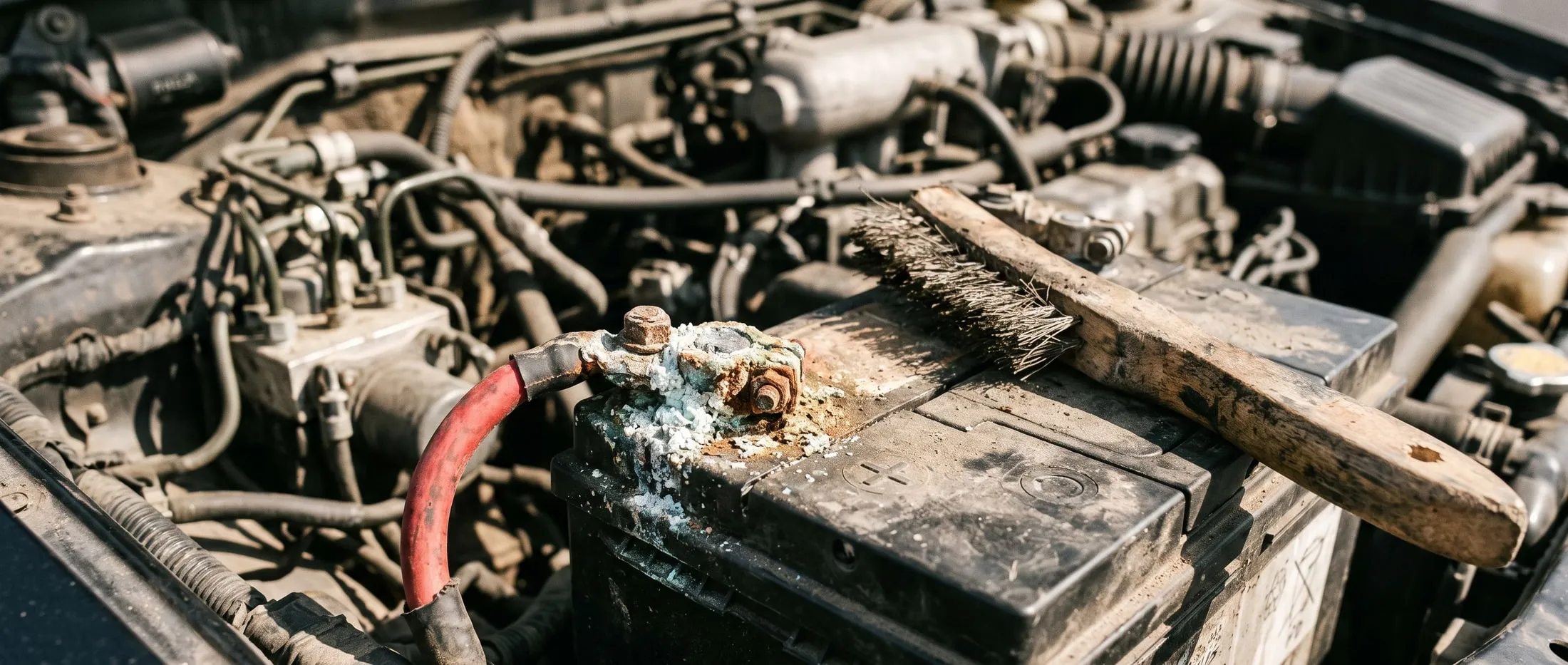 A car battery with corrosion built up on one terminal