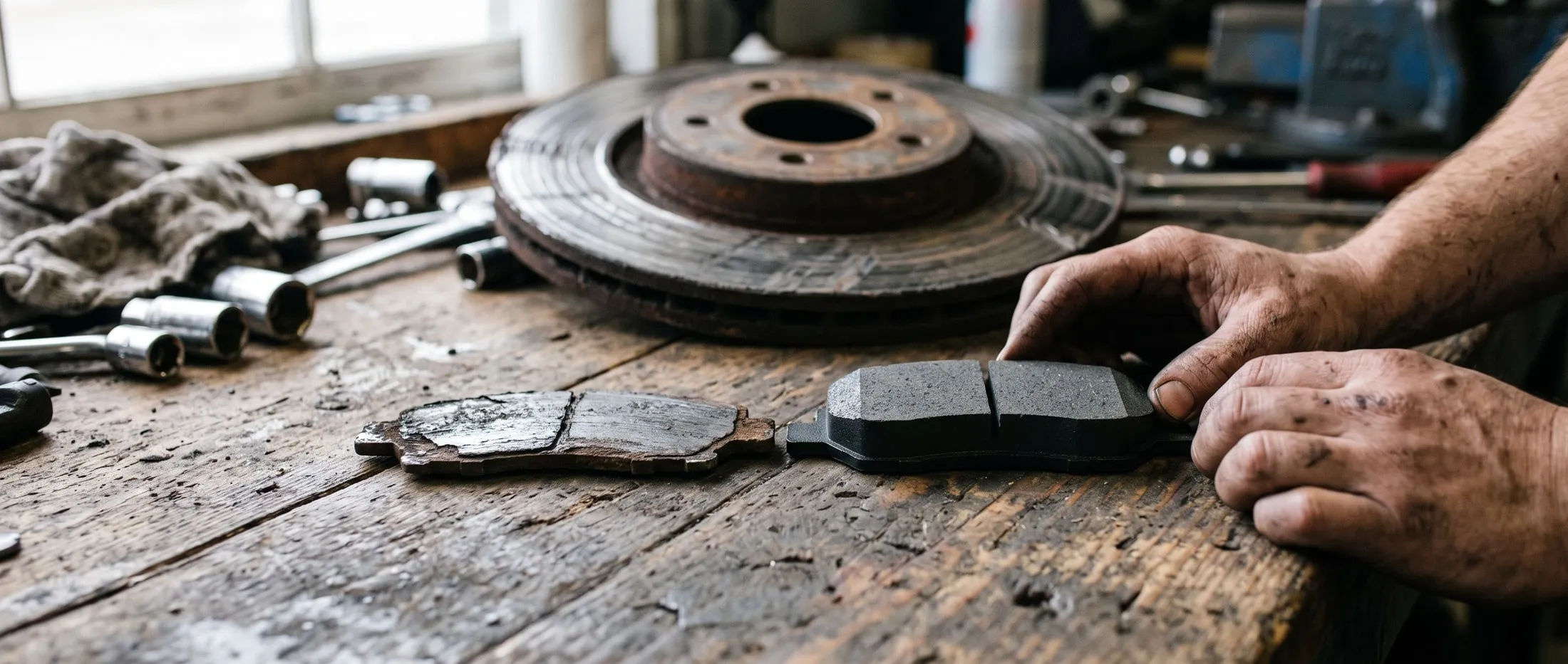 A worn-out brake pad beside a new one, with a scored rotor behind them