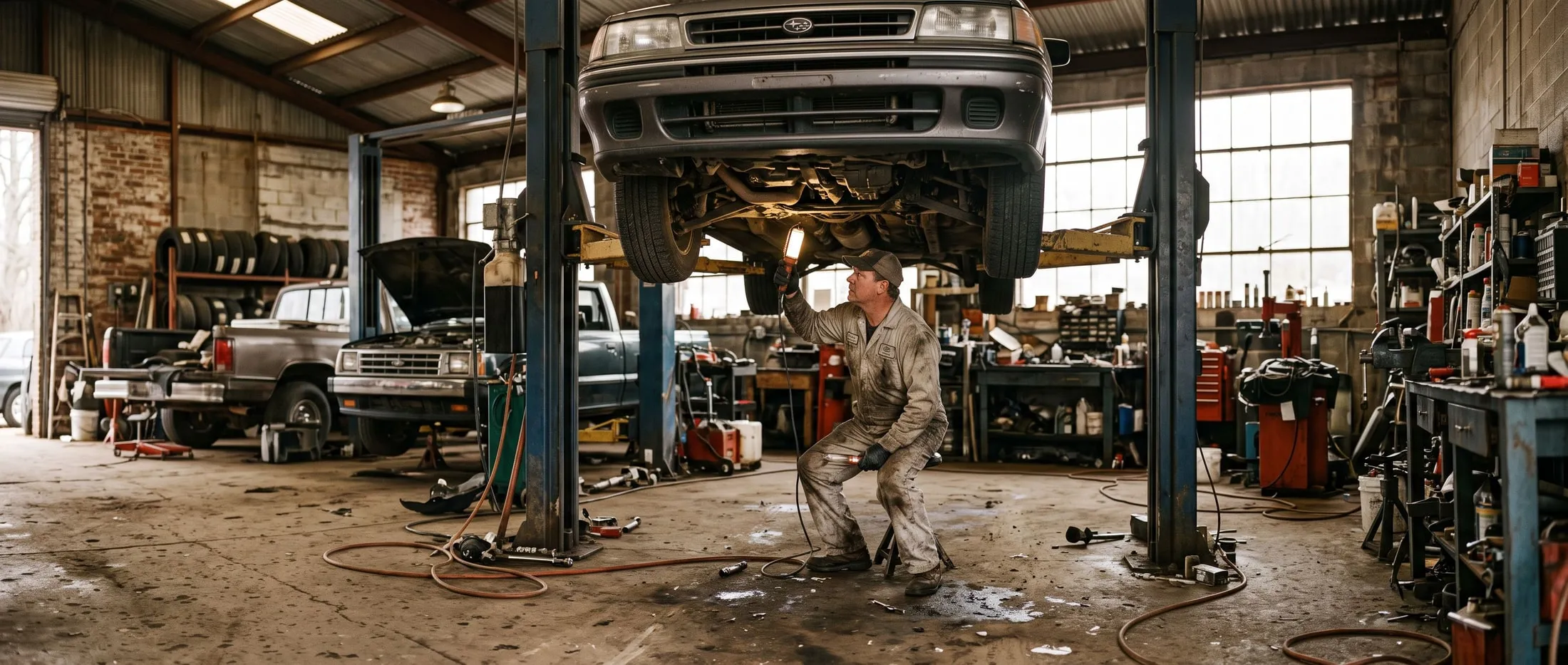 A vehicle raised on a lift during a Virginia safety inspection