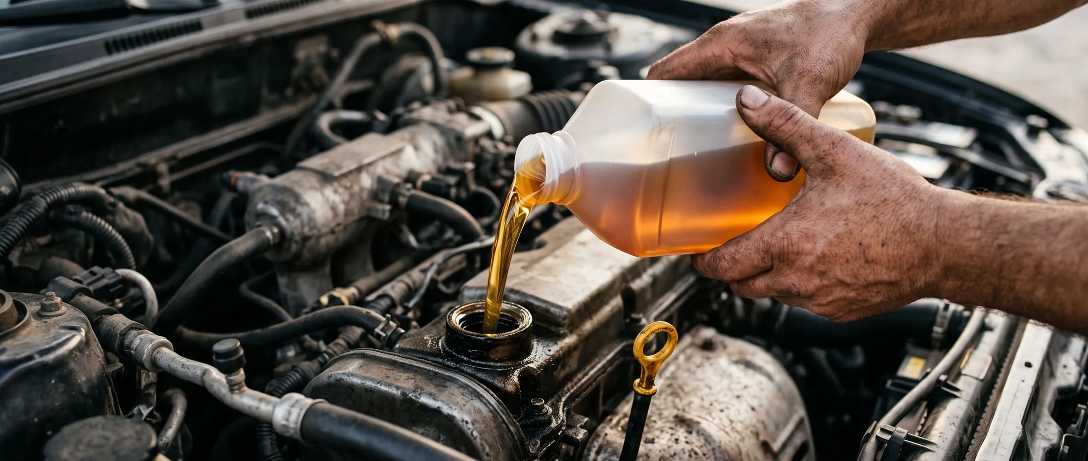 Fresh motor oil being poured into an engine filler neck