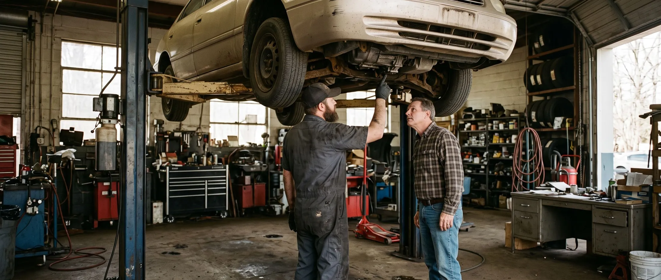 A technician showing a customer the underside of a used car on a lift