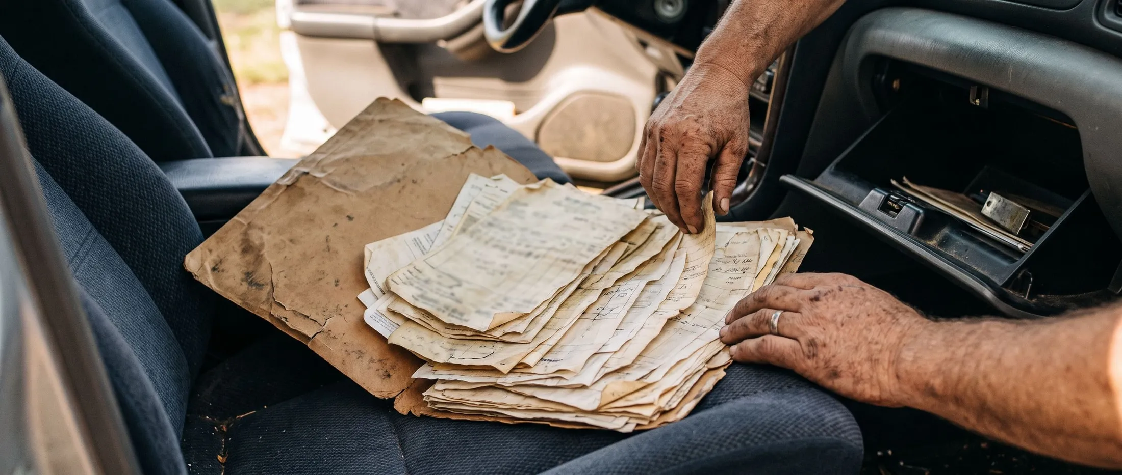 A folder of vehicle service receipts spread out beside an open glovebox