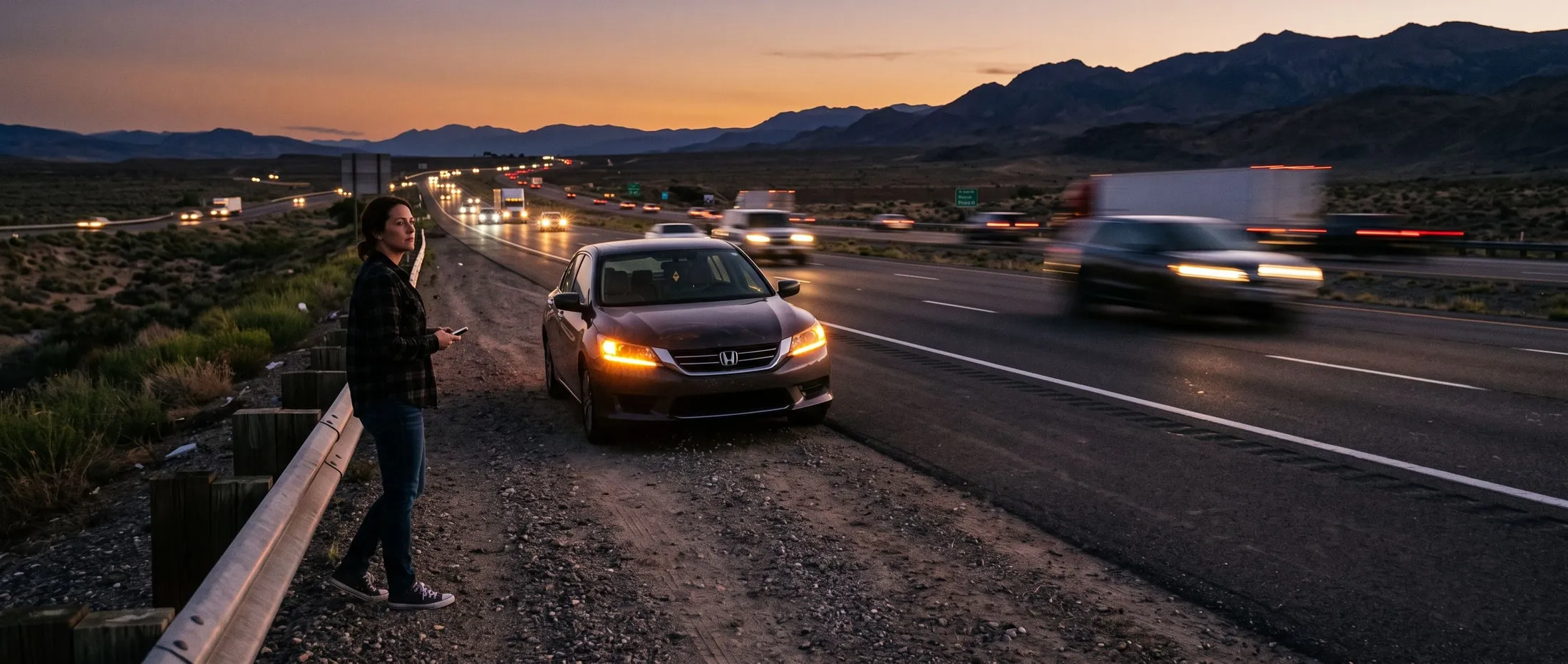 A car stopped on the shoulder of an interstate at dusk with its hazard lights on