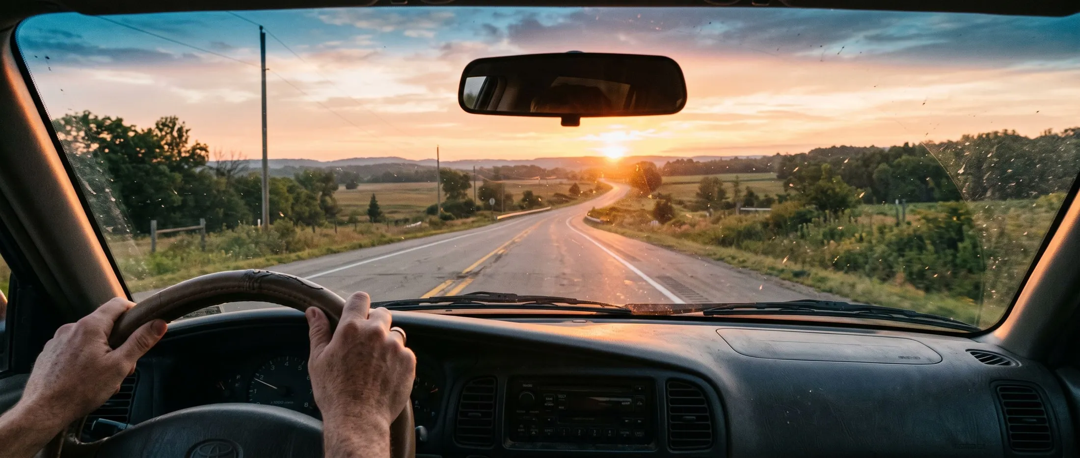 An open two-lane highway at sunrise seen from the driver’s seat