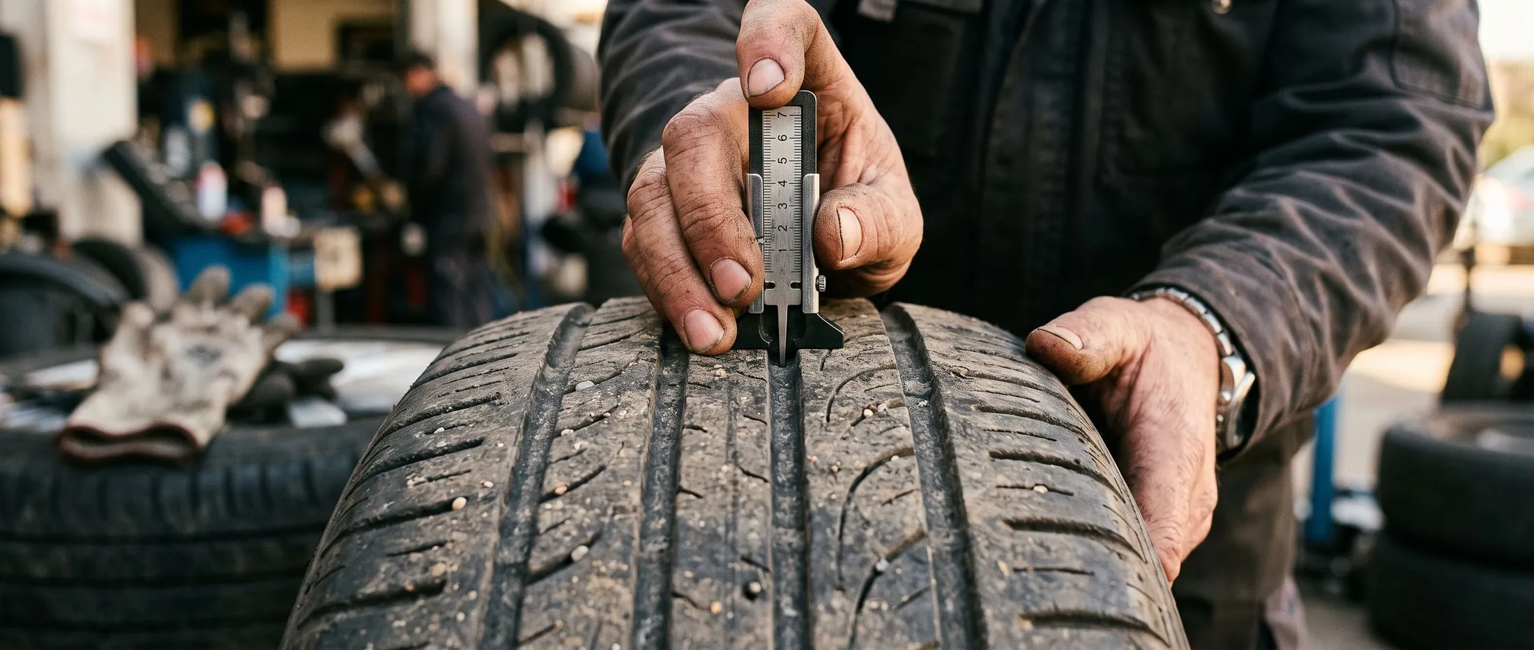 A tread depth gauge pressed into the groove of a worn car tire